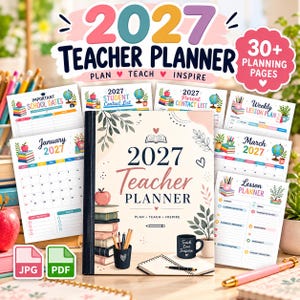 Puede incluir: Una agenda para docentes 2027 con cubierta color crema que muestra una pila de libros, una manzana, un portalápices y una taza con la inscripción Teach Love Inspire. Está rodeada de varias páginas de planificación, calendarios y listas de contactos.
