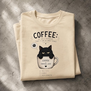 Maglietta con gatto e caffè, maglietta divertente con gatto nero, maglietta con gatto scontroso e tazza di caffè, maglietta regalo per amanti del caffè, maglietta unisex con grafica di un simpatico gatto