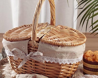 Handmade Wicker Picnic Basket with Handle Rustic Willow Picnic Hamper Outdoor Camping Storage Basket