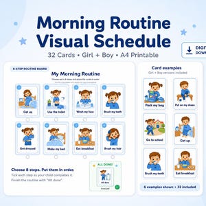 May include: A digital morning routine visual schedule featuring 32 printable cards with illustrations of children performing daily tasks. The layout includes an 8-step routine board, card examples for girls and boys, and text labels for each activity.