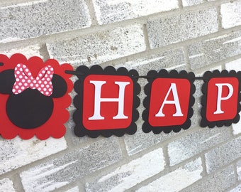 Minnie Mouse Happy Birthday Banner, Red and Black Minnie Banner, Minnie Mouse Birthday, Minnie Mouse Party, Minnie Party, First Birthday,