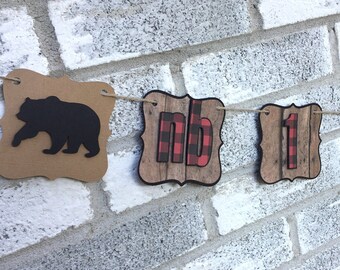 Banner fotográfico de cuadros de búfalo, Banner fotográfico mensual, Oso del bosque, Banner de cumpleaños de oso, Banner de 12 meses de leñador, Primer cumpleaños de leñador