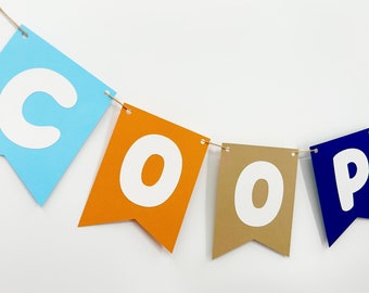 Guirnalda de decoración para fiestas con nombre, color azul oscuro, azul claro, naranja y tostado, diseño bohemio, para cumpleaños, con diseño de perro Blue Heeler