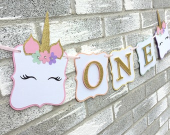 Unicorn ONE First Birthday Banner, Unicorn Highchair Banner, Unicorn Photo Prop Banner, First Birthday Unicorn Decorations,