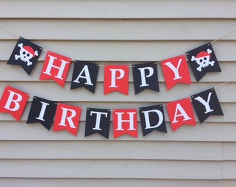 Banner de cumpleaños pirata, banner de feliz cumpleaños pirata, decoraciones de cumpleaños pirata, decoración de cumpleaños con temática pirata, banner pirata negro y rojo