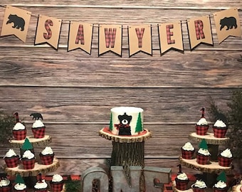 Woodland Bear Banner, Name Banner, Buffalo Plaid Banner, Rustic Birthday, Lumberjack Baby Shower, Rustic First Birthday Decor, Lumberjack