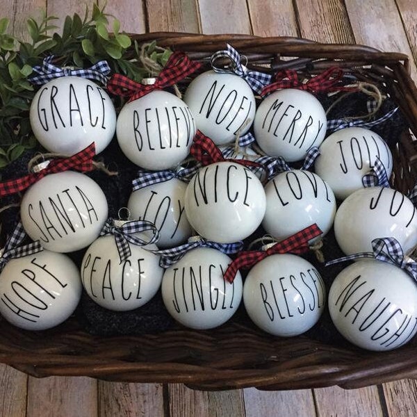 Rae Dunn Inspired Ornaments, Black White Checkered Ornaments, Farmhouse Style Word Ornaments, farmhouse christmas decorations, Set of 8