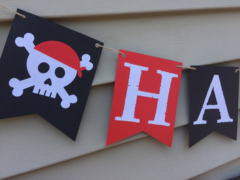 Pirate Birthday Banner, Pirate Happy Birthday Banner, Pirate Birthday Decorations, Pirate themed birthday decor, black and red pirate banner image 3