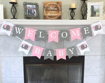 Welcome Baby Banner, Elephant Banner, Baby Shower Banner, Pink and Grey Elephant Banner, Baby Sprinkle, Photo Prop, Girl Baby Shower Banner