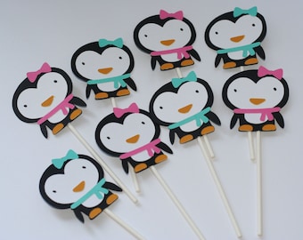 12 Girly Winter Onederland Penguin Cupcake Toppers, Winter Wonderland, Penguin Birthday, Birthday Banner