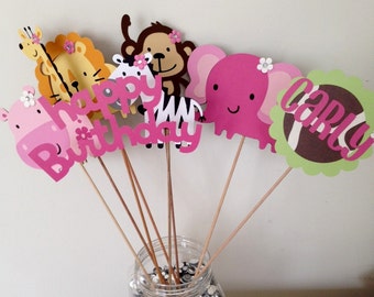 Girl Jungle 8pc Centerpiece Pick Set, Deluxe Jungle Centerpiece, Jungle Table Decorations, Safari Centerpiece, Jungle Birthday Decorations