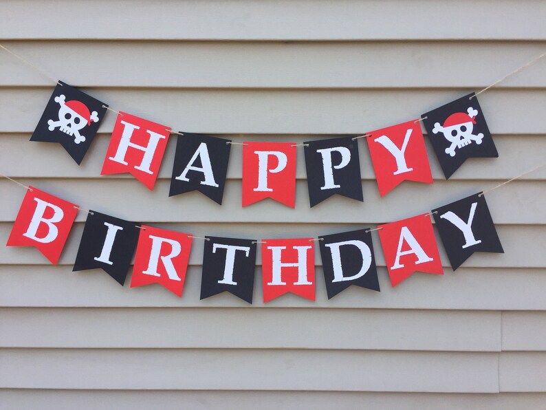 Pirate Birthday Banner, Pirate Happy Birthday Banner, Pirate Birthday Decorations, Pirate themed birthday decor, black and red pirate banner image 1