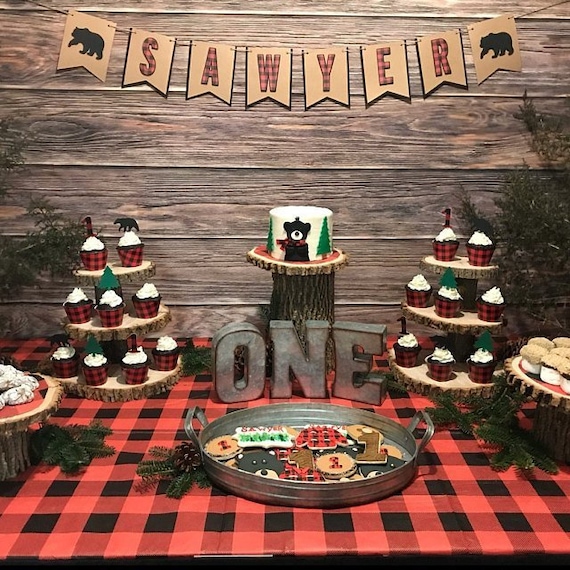 Woodland Bear Banner, Name Banner, Buffalo Plaid Banner, Rustic Birthday, Lumberjack Baby Shower, Rustic First Birthday Decor, Lumberjack Il_570xn