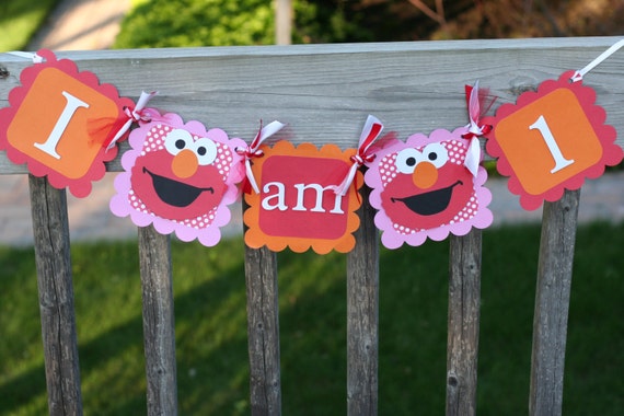 Girly Elmo Inspired Pink and Red I am 1 Highchair Banner, Elmo Birthday Decorations, Elmo First Birthday Banner, Pink Elmo Decorations Il_570xn