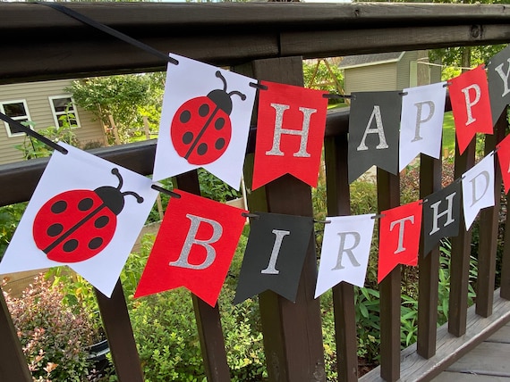 Ladybug Birthday Banner, Ladybug Birthday Decorations, Ladybug Happy Birthday Banner, Ladybug Party Decor, Black Red White Ladybug Banner Il_570xn
