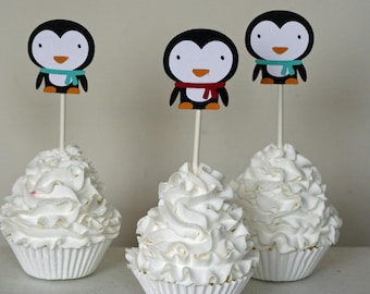 12 Penguin Cupcake Toppers, Winter Onederland Party, Penguin Birthday decorations, Winter Birthday, Penguin Party,  First Birthday, Penguin