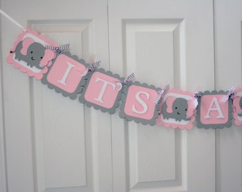 Pink and Grey Elephant It's A Girl Banner, Elephant baby banner, Pink elephant, Elephant baby shower, pink elephant banner, baby shower