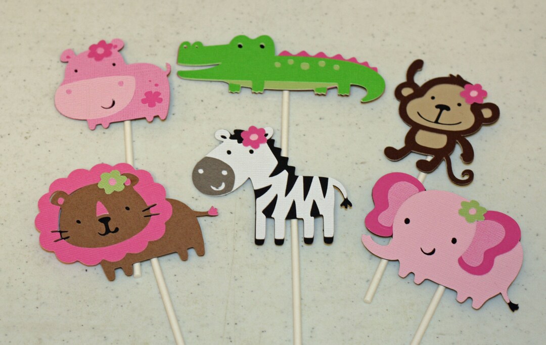 12 Girly Jungle Animal Cupcake Toppers Girl Jungle Birthday Etsy