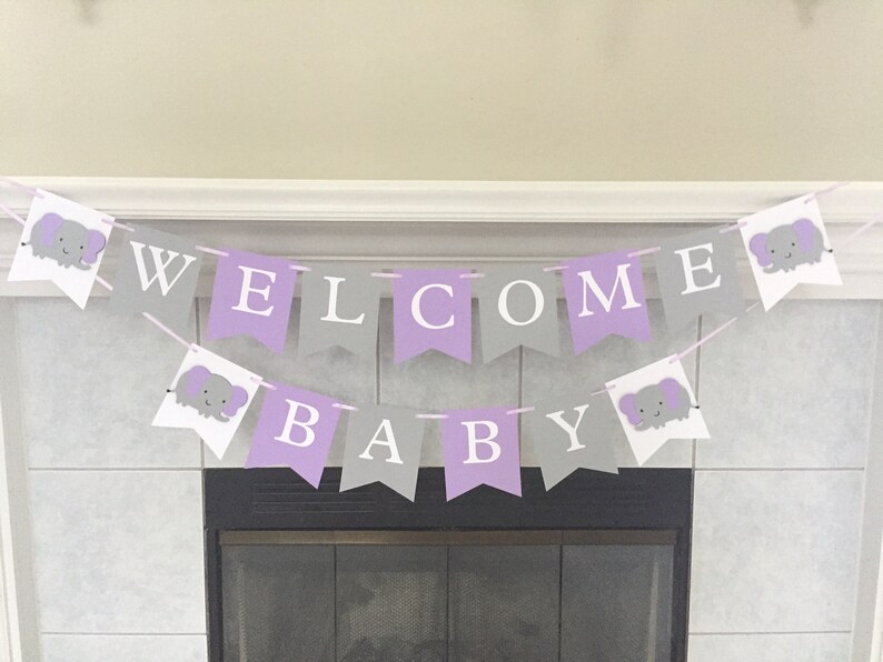 Welcome Baby Banner Elephant Banner Baby Shower Banner Lavender And Grey Elephant Banner Photo Prop Girl Baby Shower Banner