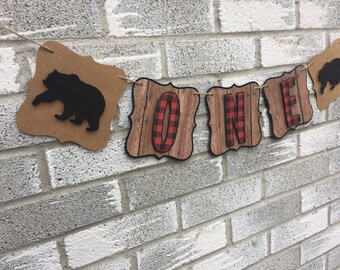 Estandarte del oso del bosque, estandarte de la trona, estandarte de cuadros de búfalo, cumpleaños rústico, estandarte de cumpleaños del leñador, primer cumpleaños del leñador, oso