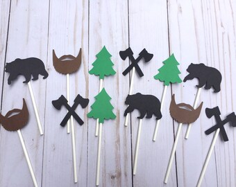 12 Lumberjack Cupcake toppers, Woodland Cupcake Decorations, Bear Cupcake Toppers, Lumberjack Birthday, Woodland Cupcake Toppers, Bear Tree