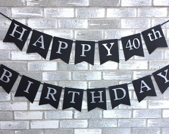 Estandarte de cumpleaños negro y plateado, estandarte de cumpleaños número 40, estandarte de feliz cumpleaños, feliz cumpleaños número 50, estandarte de cumpleaños, foto prop, estandarte negro