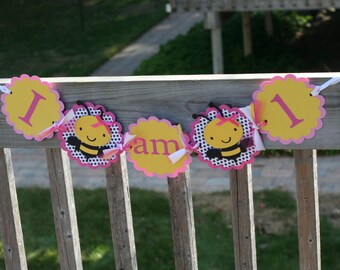 Pink and Yellow Bumble Bee I am 1 Highchair Banner, Bee I am ONE, First Beeday