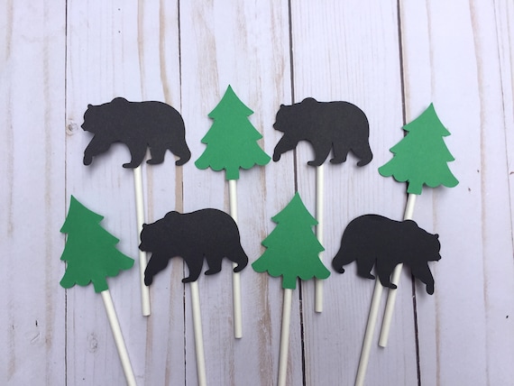 12 Bear and Tree Cupcake toppers, Woodland Cupcake Decorations, Bear Cupcake Toppers, Woodland Birthday, Woodland Cupcake Toppers, Bear Tree Il_570xn