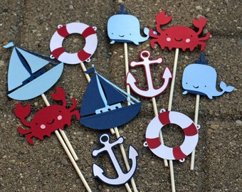 12 Nautical Cupcake Toppers,  Crab Cupcake toppers, Nautical Birthday, Crab Birthday, First Birthday, Cupcake toppers, Anchor Cupcake topper