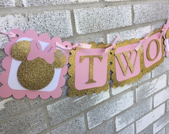 Pink and Gold Minnie Banner, Minnie Mouse TWO Banner, Minnie First Birthday Decorations, Pink and Gold Minnie Decorations,  Photo Prop