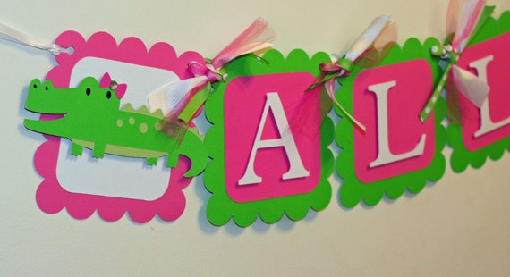 Girly Pink and Green Alligator Name Banner, Alligator Birthday, First Birthday, Alligator Baby Shower, Baby Shower Il_570xn