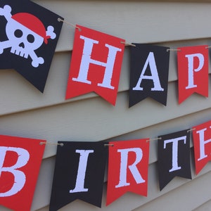 Pirate Birthday Banner, Pirate Happy Birthday Banner, Pirate Birthday Decorations, Pirate themed birthday decor, black and red pirate banner image 2