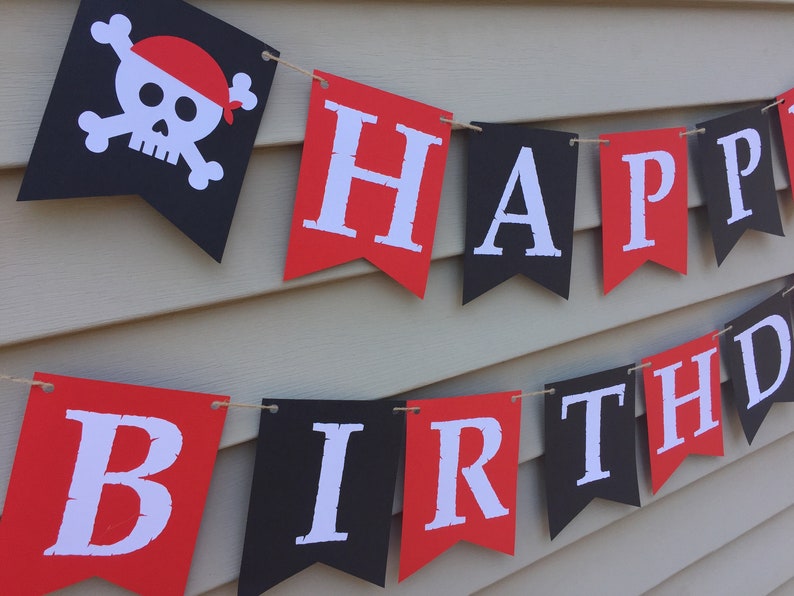 Pirate Birthday Banner, Pirate Happy Birthday Banner, Pirate Birthday Decorations, Pirate themed birthday decor, black and red pirate banner image 2