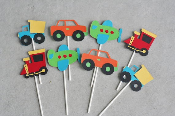 12 Transportation Toppers, Car Truck Birthday, Car Party, Airplane and Train Birthday, Transportation Birthday, Car Cupcake topper, Train Il_570xn