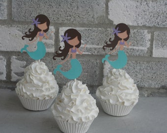 12 Mermaid Cupcake toppers, Mermaid Birthday Party, aqua and lavender mermaid, mermaid decorations, mermaid toppers, mermaid 1st Birthday