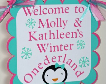 Girl Penguin Winter Onederland Door Welcome Sign, Winter Wonderland, Penguin Birthday, Birthday Banner