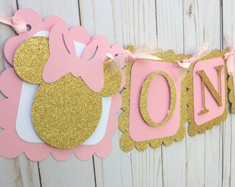 Pink and Gold Minnie Banner, Minnie Mouse ONE Banner, Minnie First Birthday Decorations, Pink and Gold Minnie Decorations,  Photo Prop