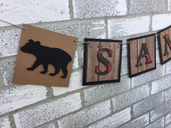 Woodland Bear Name Banner, Bear Cub Name Banner, Lumberjack Banner, Buffalo Plaid Name Banner, Rustic Birthday, Bear Birthday Banner, Bear Il_570xn