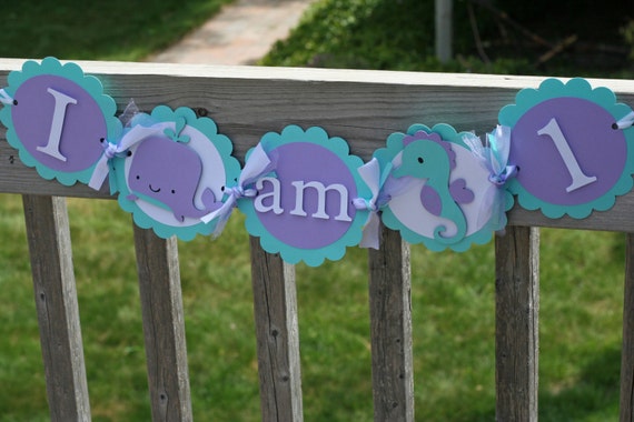 Under the Sea Highchair Banner, Sea I am 1 Banner, First Birthday Banner, ONE banner, Girl Under the Sea Birthday, Lavender and Aqua Banner Il_570xn