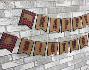 Woodland Banner, Birthday Banner, Buffalo Plaid Banner, Rustic Birthday, Lumberjack Birthday, First Birthday Banner, Lumberjack Banner