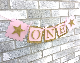 Twinkle Twinkle Little Star First Birthday, ONE Banner, ONE Highchair Banner, I am 1 Banner, Star First Birthday Banner, Pink & Gold Banner