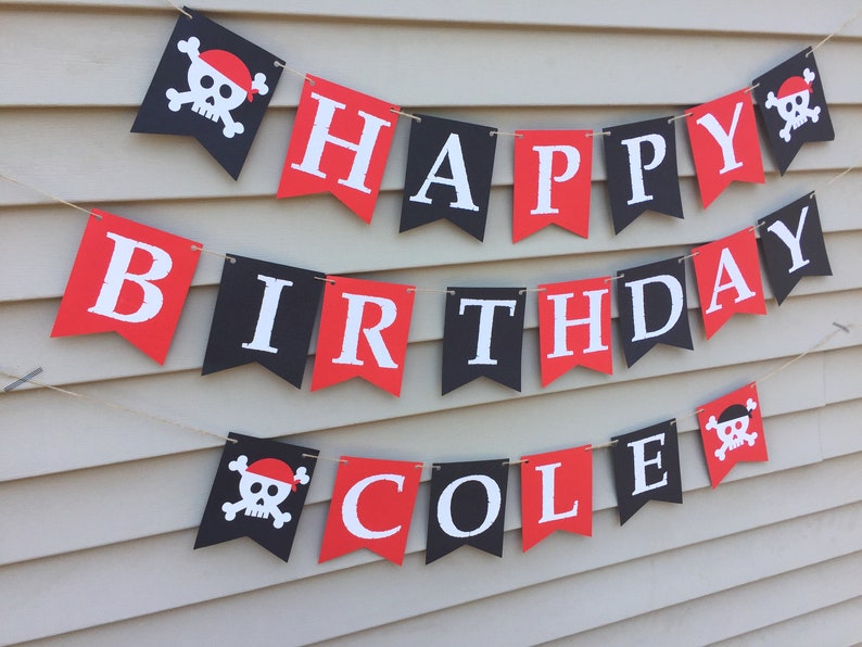 Pirate Birthday Banner, Pirate Happy Birthday Banner, Pirate Birthday Decorations, Pirate themed birthday decor, black and red pirate banner image 7