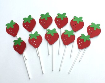 12 Strawberry Cupcake Toppers, Berry Cupcake toppers, Strawberry Toppers, Picnic themed Birthday Decor, Berry Sweet Theme, Berry Cake Decor