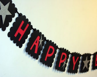 Rock Star or All Star Name  Happy Birthday Banner Black and Red and silver, Rock Star Birthday, All Star birthday, First Birthday