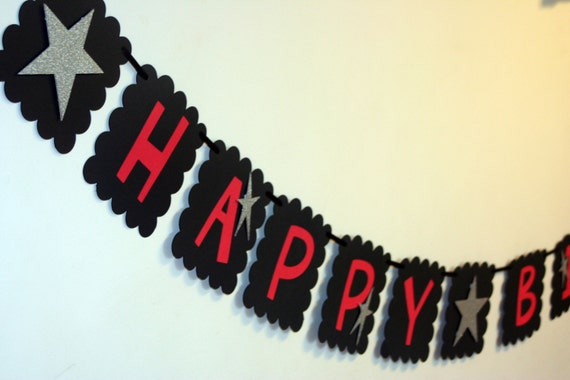 Rock Star or All Star Name Happy Birthday Banner Black and Red and silver, Rock Star Birthday, All Star birthday, First Birthday Il_570xn