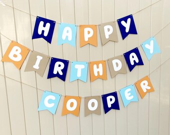 Pancarta de feliz cumpleaños, pancarta de cumpleaños de perro azul, perro Blue Heeler, pancarta de perro azul, guirnalda de feliz cumpleaños, azul oscuro, azul claro, naranja, bronceado