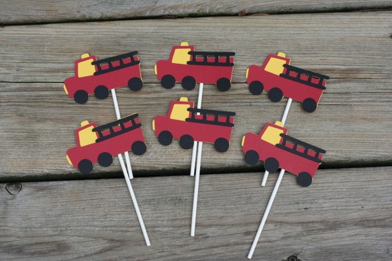24 Fire Truck Cupcake Toppers, Fire Truck Birthday, Red Yellow Black Fire Engine Il_570xn