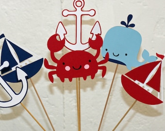 3 nautical Table Decor Sticks, Centerpiece Sticks, Nautical Birthday, Nautical Baby Shower, Nautical centerpiece, crab birthday, anchor