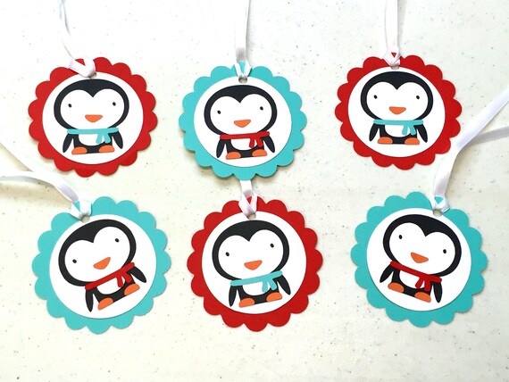 12 Penguin Favor Bag Tags, Penguin Birthday, Penguin Goody Bag Tags, Winter Onederland Birthday, Penguin Decorations, First Birthday Il_570xn