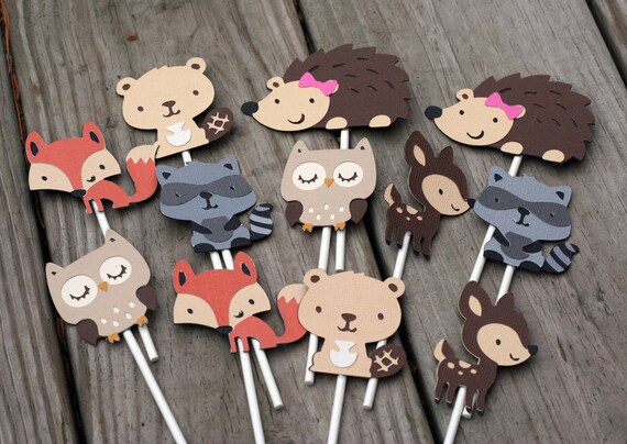 24 Woodland Animal Cupcake Toppers, forest animal, forest friends, woodland birthday, forest birthday, deer birthday, cupcake topper, owl Il_570xn